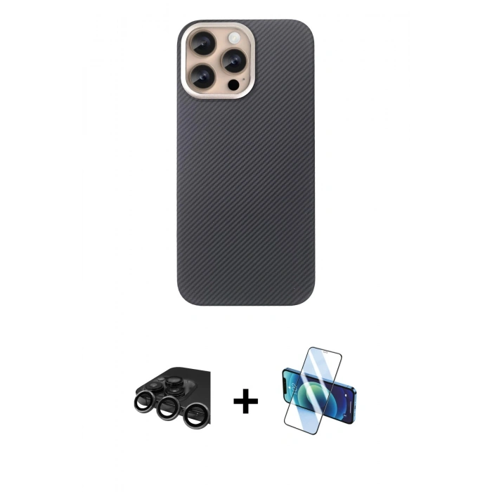 MARSİLYAN™- iPhone 15 Pro Max Kılıf Eksen Prime - Siyah 3D Antistatik Seramik Nano Ekran Koruyucu + Raze Metal Kamera Lens - TMGI