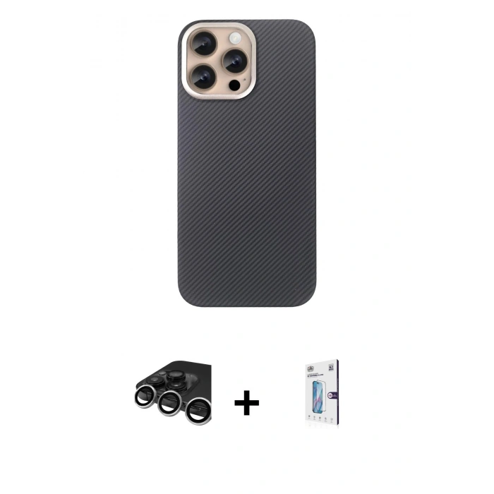 MARSİLYAN™- iPhone 15 Pro Max Kılıf Eksen Prime - Siyah Bilvis 0.18mm Plus Cam Ekran Koruyucu + Raze Metal Kamera Lens - GS