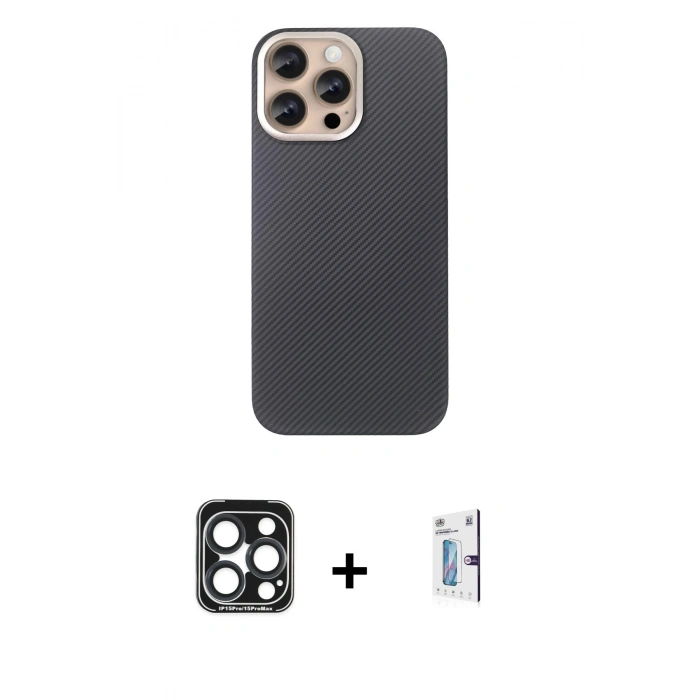 MARSİLYAN™- iPhone 15 Pro Max Kılıf Eksen Prime - Siyah Bilvis 0.18mm Plus Cam Ekran Koruyucu + PVD Metal Kamera Lens - LT
