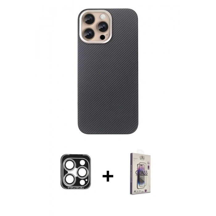 MARSİLYAN™- iPhone 15 Pro Max Kılıf Eksen Prime - Siyah Bilvis 3D Cam Ekran Koruyucu + PVD Metal Kamera Lens - GS