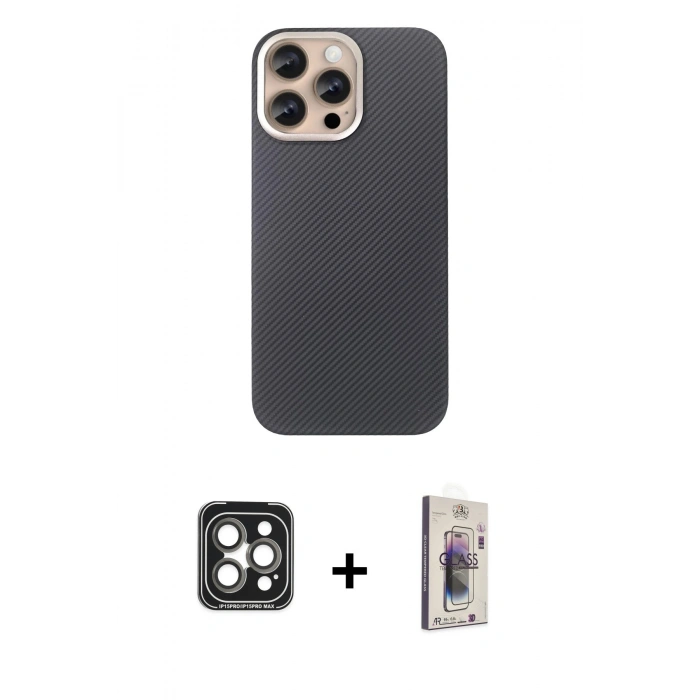 MARSİLYAN™- iPhone 15 Pro Max Kılıf Eksen Prime - Siyah Bilvis 3D Cam Ekran Koruyucu + PVD Metal Kamera Lens - GI
