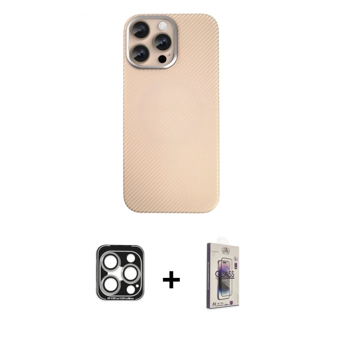 MARSİLYAN™- iPhone 15 Pro Max Kılıf Eksen Prime - Siyah Bilvis 3D Cam Ekran Koruyucu + PVD Metal Kamera Lens - GS