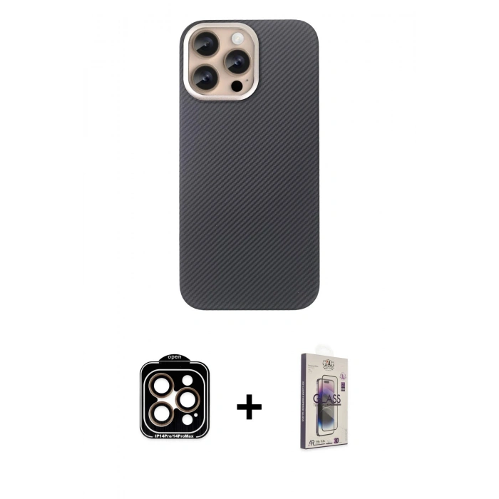 MARSİLYAN™- iPhone 15 Pro Max Kılıf Eksen Prime - Siyah Bilvis 3D Cam Ekran Koruyucu + PVD Metal Kamera Lens - TU