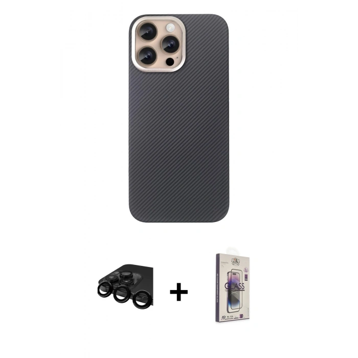 MARSİLYAN™- iPhone 15 Pro Max Kılıf Eksen Prime - Siyah Bilvis 3D Cam Ekran Koruyucu + Raze Metal Kamera Lens - SH