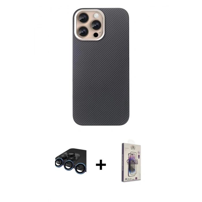 MARSİLYAN™- iPhone 15 Pro Max Kılıf Eksen Prime - Siyah Bilvis 3D Cam Ekran Koruyucu + Raze Metal Kamera Lens - LT
