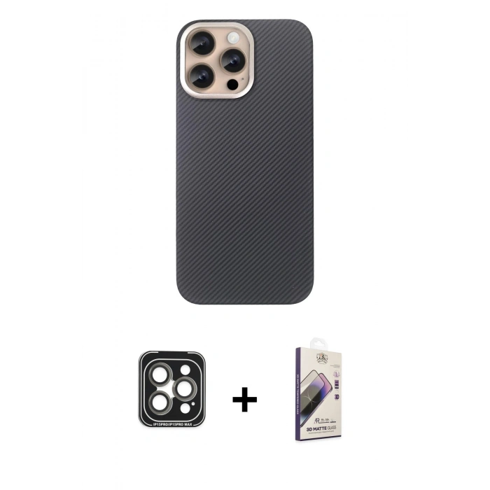 MARSİLYAN™- iPhone 15 Pro Max Kılıf Eksen Prime - Siyah Bilvis 3D Mat Cam Ekran Koruyucu + PVD Metal Kamera Lens - GI