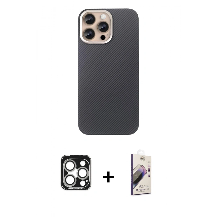 MARSİLYAN™- iPhone 15 Pro Max Kılıf Eksen Prime - Siyah Bilvis 3D Mat Cam Ekran Koruyucu + PVD Metal Kamera Lens - GS