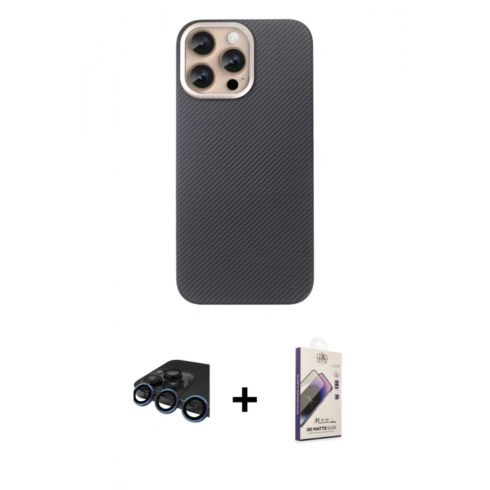 MARSİLYAN™- iPhone 15 Pro Max Kılıf Eksen Prime - Siyah Bilvis 3D Mat Cam Ekran Koruyucu + Raze Metal Kamera Lens - LT