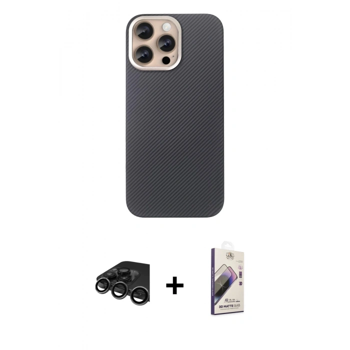 MARSİLYAN™- iPhone 15 Pro Max Kılıf Eksen Prime - Siyah Bilvis 3D Mat Cam Ekran Koruyucu + Raze Metal Kamera Lens - TMGI