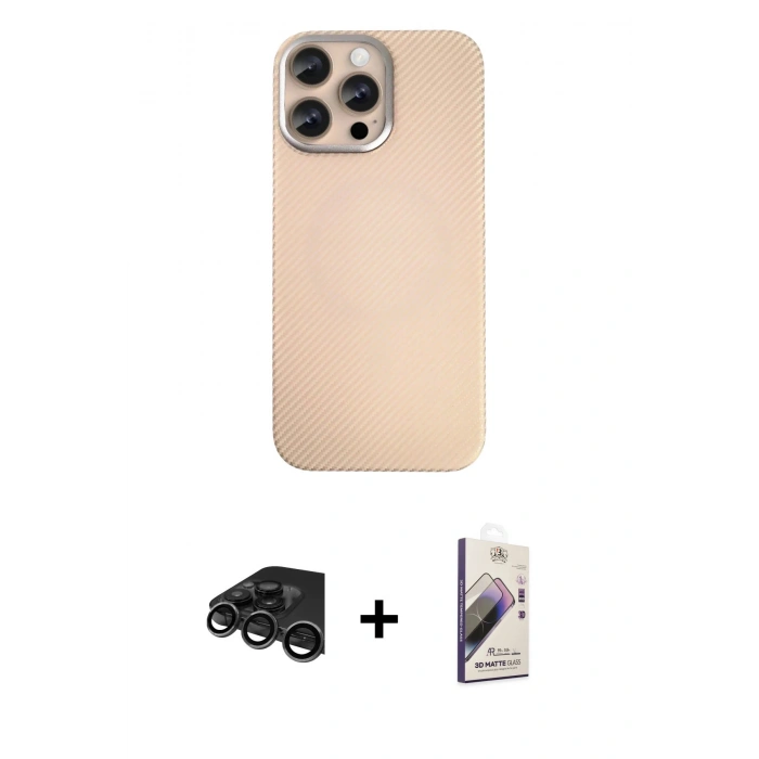 MARSİLYAN™- iPhone 15 Pro Max Kılıf Eksen Prime - Siyah Bilvis 3D Mat Cam Ekran Koruyucu + Raze Metal Kamera Lens - TMGI