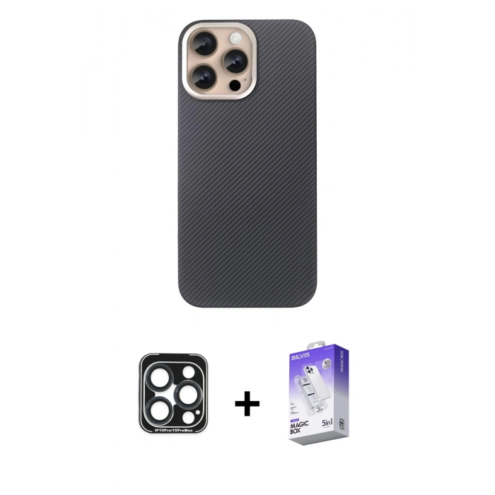 MARSİLYAN™- iPhone 15 Pro Max Kılıf Eksen Prime - Siyah Bilvis 5in1 3D Magic Cam Ekran Koruyucu + PVD Metal Kamera Lens - LT