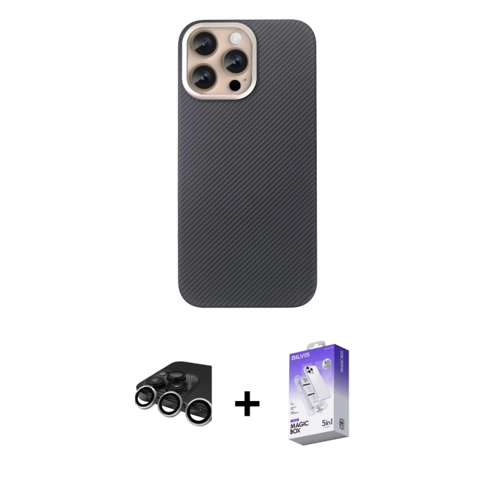 MARSİLYAN™- iPhone 15 Pro Max Kılıf Eksen Prime - Siyah Bilvis 5in1 3D Magic Cam Ekran Koruyucu + Raze Metal Kamera Lens - GS