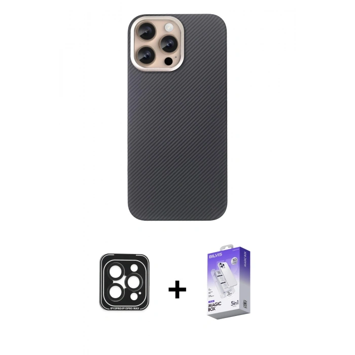 MARSİLYAN™- iPhone 15 Pro Max Kılıf Eksen Prime - Siyah Bilvis 5in1 3D Magic Cam Ekran Koruyucu + PVD Metal Kamera Lens - SH