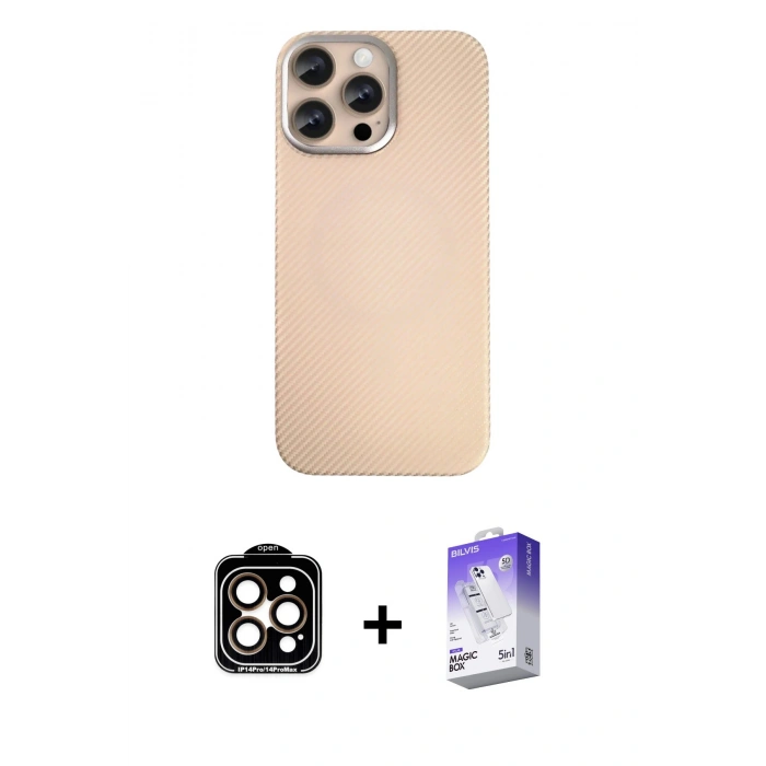 MARSİLYAN™- iPhone 15 Pro Max Kılıf Eksen Prime - Siyah Bilvis 5in1 3D Magic Cam Ekran Koruyucu + PVD Metal Kamera Lens - TU