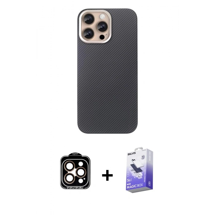 MARSİLYAN™- iPhone 15 Pro Max Kılıf Eksen Prime - Siyah Bilvis 5in1 5D Magic Hayalet Cam Ekran Koruyucu + PVD Metal Kamera Lens - TU