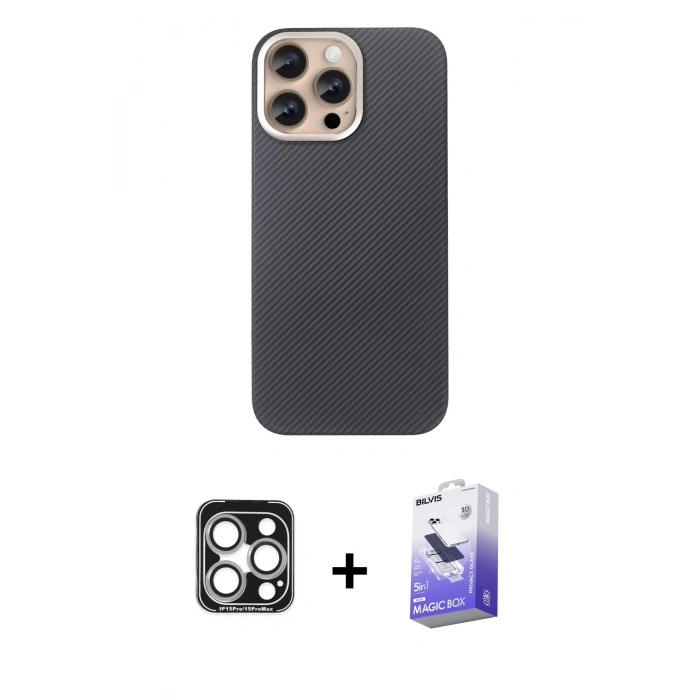 MARSİLYAN™- iPhone 15 Pro Max Kılıf Eksen Prime - Siyah Bilvis 5in1 5D Magic Hayalet Cam Ekran Koruyucu + PVD Metal Kamera Lens - GS