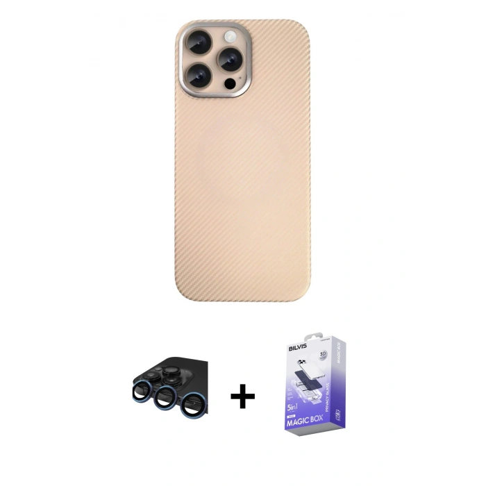 MARSİLYAN™- iPhone 15 Pro Max Kılıf Eksen Prime - Siyah Bilvis 5in1 5D Magic Hayalet Cam Ekran Koruyucu + Lacivert Raze Metal Kamera Lens