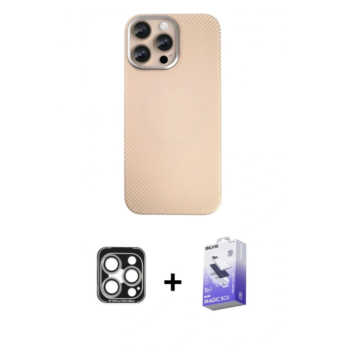 MARSİLYAN™- iPhone 15 Pro Max Kılıf Eksen Prime - Siyah Bilvis 5in1 5D Magic Hayalet Cam Ekran Koruyucu + PVD Metal Kamera Lens - GS