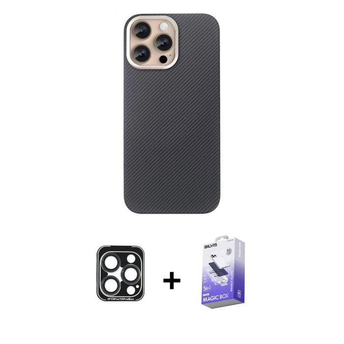 MARSİLYAN™- iPhone 15 Pro Max Kılıf Eksen Prime - Siyah Bilvis 5in1 5D Magic Hayalet Cam Ekran Koruyucu + PVD Metal Kamera Lens - LT
