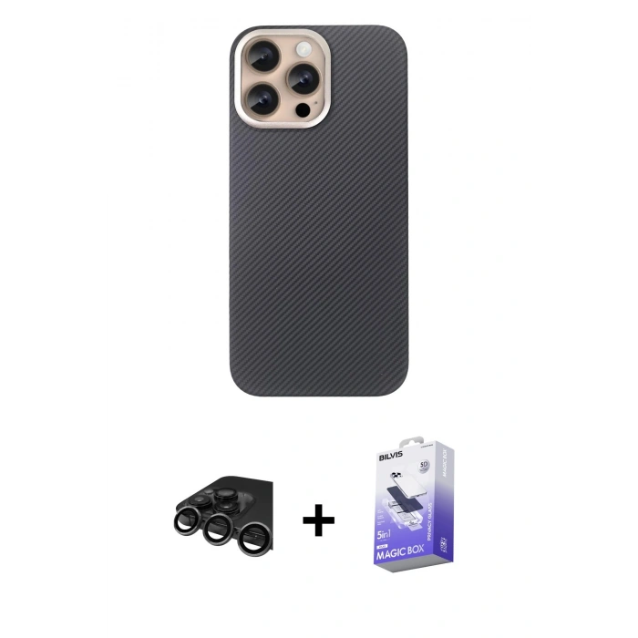 MARSİLYAN™- iPhone 15 Pro Max Kılıf Eksen Prime - Siyah Bilvis 5in1 5D Magic Hayalet Cam Ekran Koruyucu + Titanyum Gri Raze Metal Kamera Lens