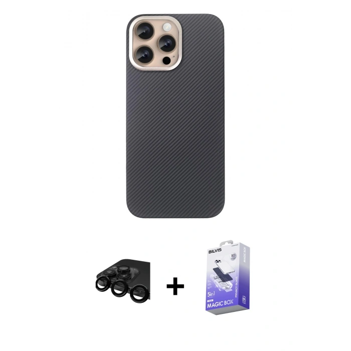 MARSİLYAN™- iPhone 15 Pro Max Kılıf Eksen Prime - Siyah Bilvis 5in1 5D Magic Hayalet Cam Ekran Koruyucu + Raze Metal Kamera Lens - SH