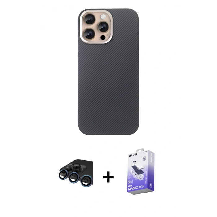 MARSİLYAN™- iPhone 15 Pro Max Kılıf Eksen Prime - Siyah Bilvis 5in1 5D Magic Hayalet Cam Ekran Koruyucu + Lacivert Raze Metal Kamera Lens