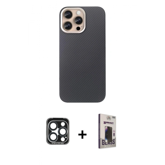 MARSİLYAN™- iPhone 15 Pro Max Kılıf Eksen Prime - Siyah Bilvis Hayalet Cam Ekran Koruyucu + PVD Metal Kamera Lens - LT