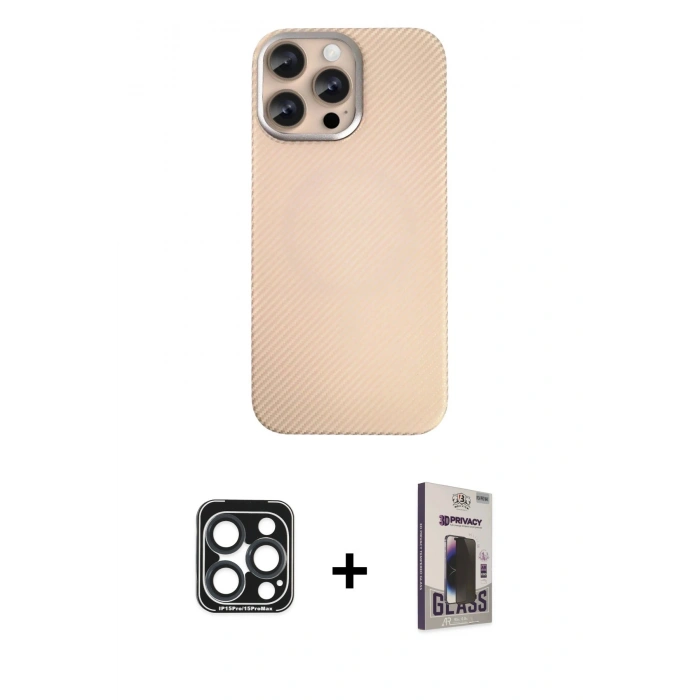 MARSİLYAN™- iPhone 15 Pro Max Kılıf Eksen Prime - Siyah Bilvis Hayalet Cam Ekran Koruyucu + PVD Metal Kamera Lens - LT