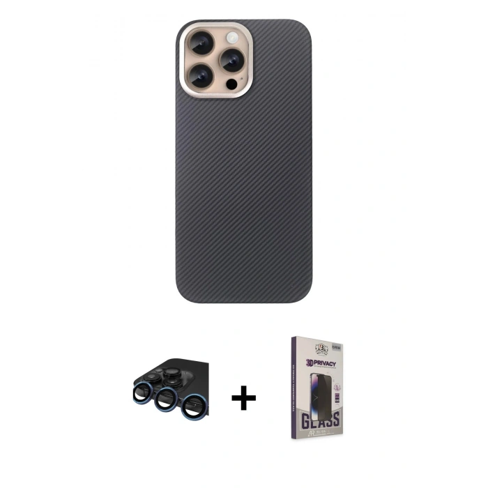 MARSİLYAN™- iPhone 15 Pro Max Kılıf Eksen Prime - Siyah Bilvis Hayalet Cam Ekran Koruyucu + Raze Metal Kamera Lens - LT