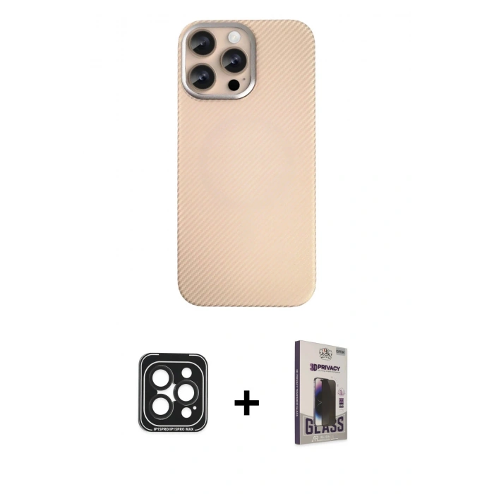 MARSİLYAN™- iPhone 15 Pro Max Kılıf Eksen Prime - Siyah Bilvis Hayalet Cam Ekran Koruyucu + PVD Metal Kamera Lens - SH