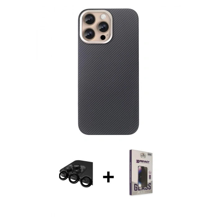 MARSİLYAN™- iPhone 15 Pro Max Kılıf Eksen Prime - Siyah Bilvis Hayalet Cam Ekran Koruyucu + Siyah Raze Metal Kamera Lens
