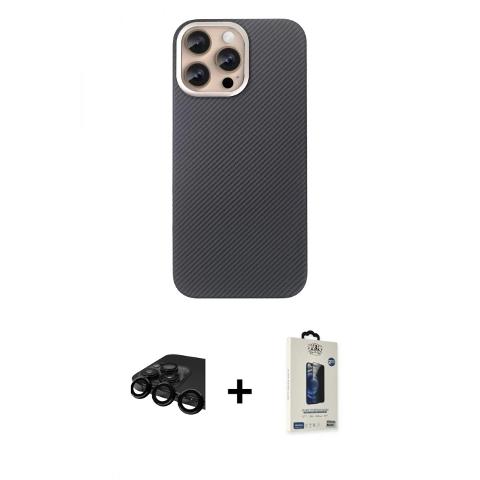 MARSİLYAN™- iPhone 15 Pro Max Kılıf Eksen Prime - Siyah Bilvis Hayalet Cam Ekran Koruyucu + Siyah Raze Metal Kamera Lens
