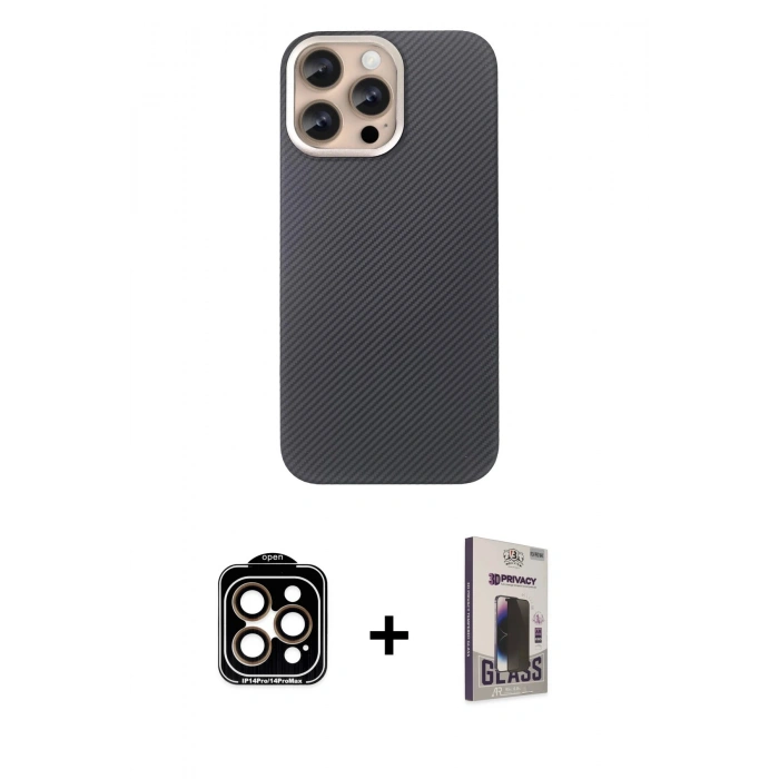 MARSİLYAN™- iPhone 15 Pro Max Kılıf Eksen Prime - Siyah Bilvis Hayalet Cam Ekran Koruyucu + PVD Metal Kamera Lens - TU