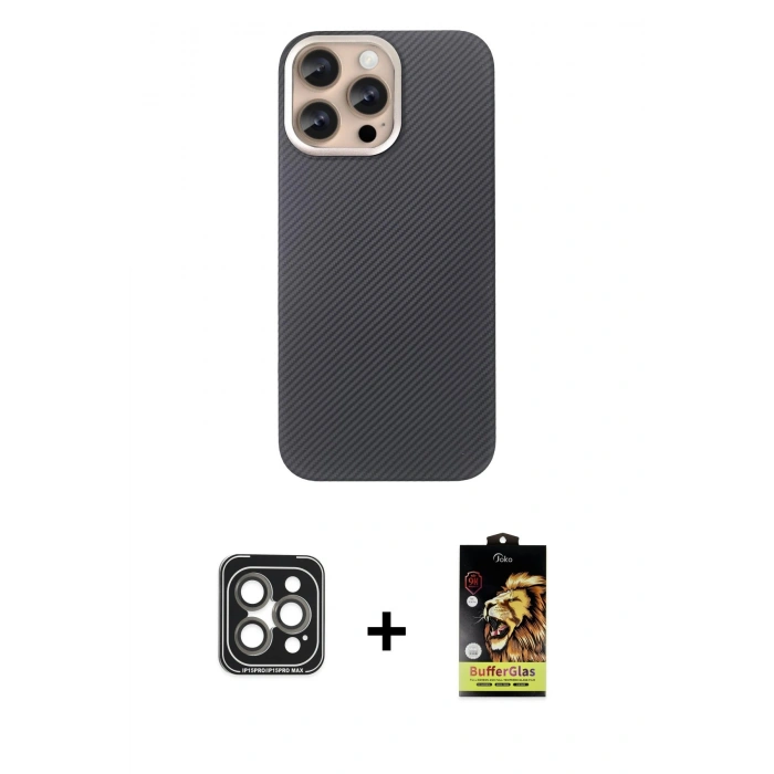 MARSİLYAN™- iPhone 15 Pro Max Kılıf Eksen Prime - Siyah Buffer Cam Ekran Koruyucu + PVD Metal Kamera Lens - GI