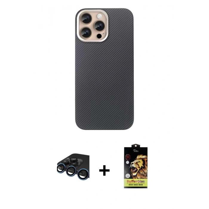 MARSİLYAN™- iPhone 15 Pro Max Kılıf Eksen Prime - Siyah Buffer Cam Ekran Koruyucu + Lacivert Raze Metal Kamera Lens