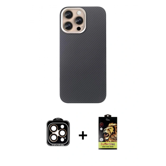 MARSİLYAN™- iPhone 15 Pro Max Kılıf Eksen Prime - Siyah Buffer Cam Ekran Koruyucu + PVD Metal Kamera Lens - TU