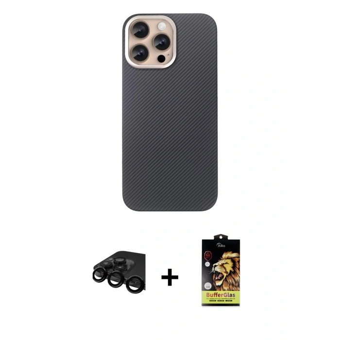 MARSİLYAN™- iPhone 15 Pro Max Kılıf Eksen Prime - Siyah Buffer Cam Ekran Koruyucu + Raze Metal Kamera Lens - SH