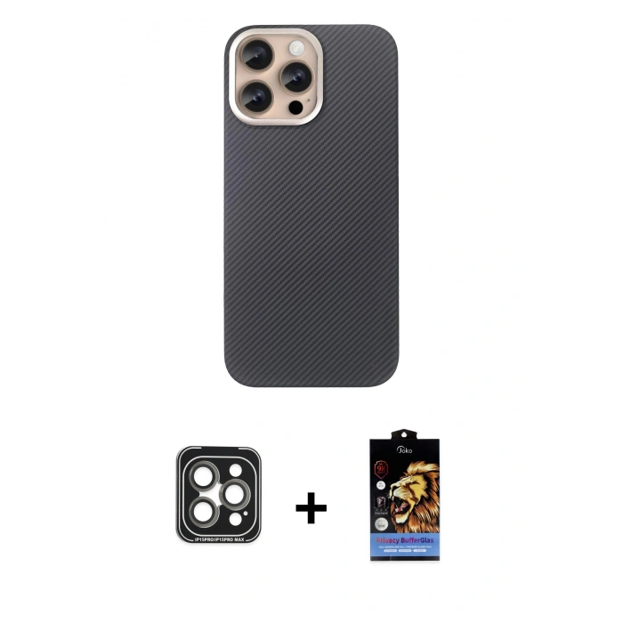 MARSİLYAN™- iPhone 15 Pro Max Kılıf Eksen Prime - Siyah Buffer Hayalet Cam Ekran Koruyucu + Gri PVD Metal Kamera Lens