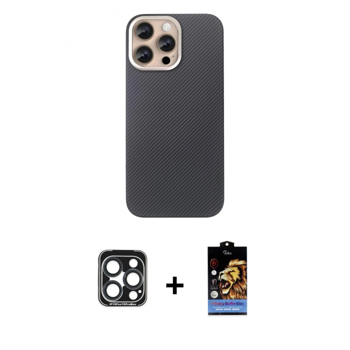 MARSİLYAN™- iPhone 15 Pro Max Kılıf Eksen Prime - Siyah Buffer Hayalet Cam Ekran Koruyucu + PVD Metal Kamera Lens - LT