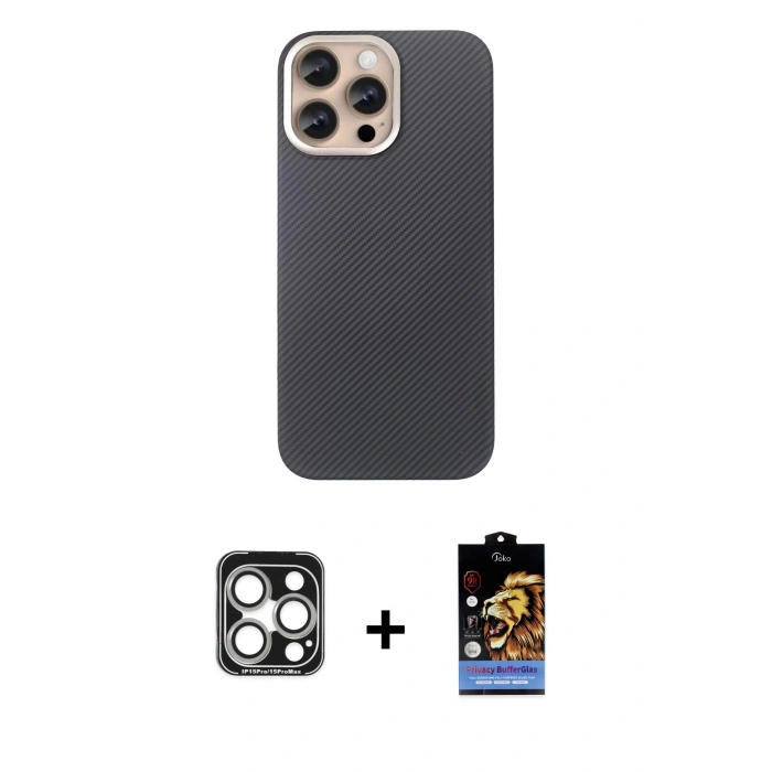 MARSİLYAN™- iPhone 15 Pro Max Kılıf Eksen Prime - Siyah Buffer Hayalet Cam Ekran Koruyucu + PVD Metal Kamera Lens - GS