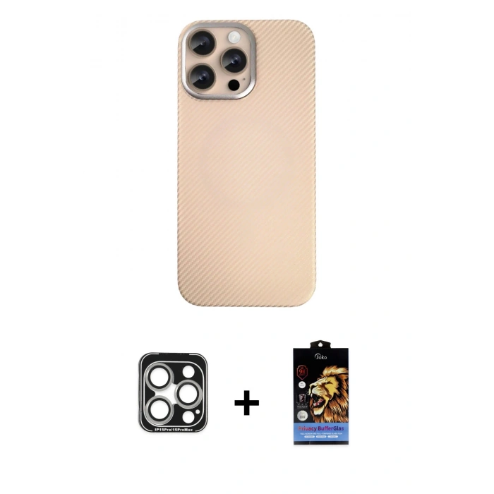 MARSİLYAN™- iPhone 15 Pro Max Kılıf Eksen Prime - Siyah Buffer Hayalet Cam Ekran Koruyucu + PVD Metal Kamera Lens - GS