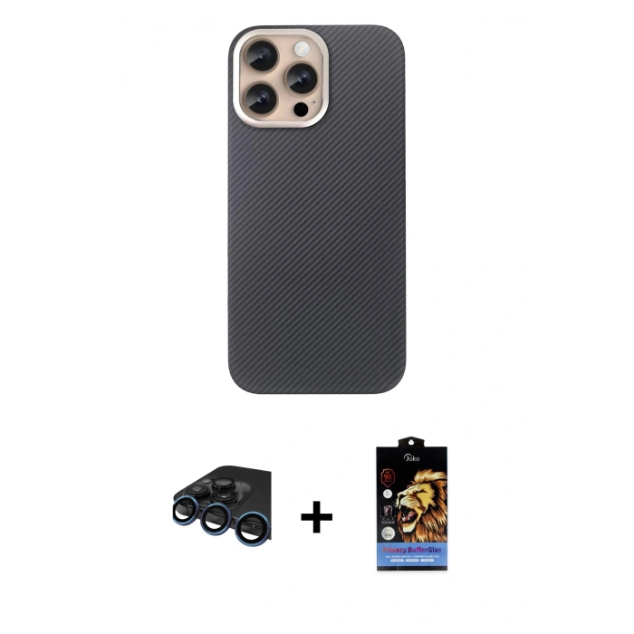 MARSİLYAN™- iPhone 15 Pro Max Kılıf Eksen Prime - Siyah Buffer Hayalet Cam Ekran Koruyucu + Raze Metal Kamera Lens - LT