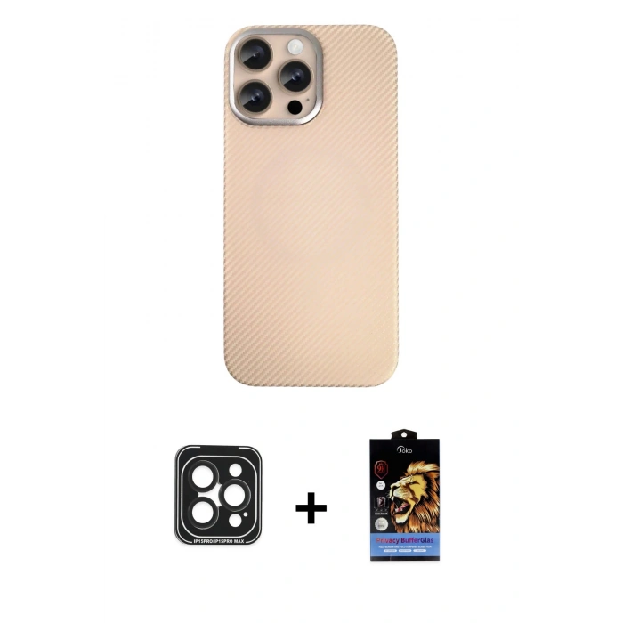 MARSİLYAN™- iPhone 15 Pro Max Kılıf Eksen Prime - Siyah Buffer Hayalet Cam Ekran Koruyucu + Siyah PVD Metal Kamera Lens