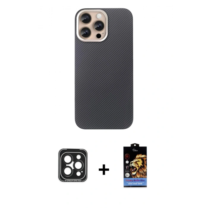 MARSİLYAN™- iPhone 15 Pro Max Kılıf Eksen Prime - Siyah Buffer Hayalet Cam Ekran Koruyucu + Siyah PVD Metal Kamera Lens