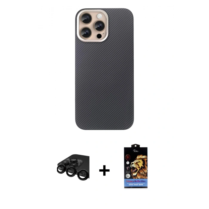 MARSİLYAN™- iPhone 15 Pro Max Kılıf Eksen Prime - Siyah Buffer Hayalet Cam Ekran Koruyucu + Raze Metal Kamera Lens - SH