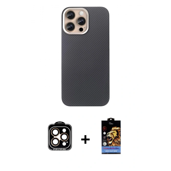 MARSİLYAN™- iPhone 15 Pro Max Kılıf Eksen Prime - Siyah Buffer Hayalet Cam Ekran Koruyucu + PVD Metal Kamera Lens - TU