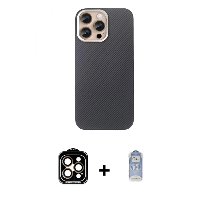 MARSİLYAN™- iPhone 15 Pro Max Kılıf Eksen Prime - Siyah Joko Magic 5D Cam + Turuncu PVD Metal Kamera Lens