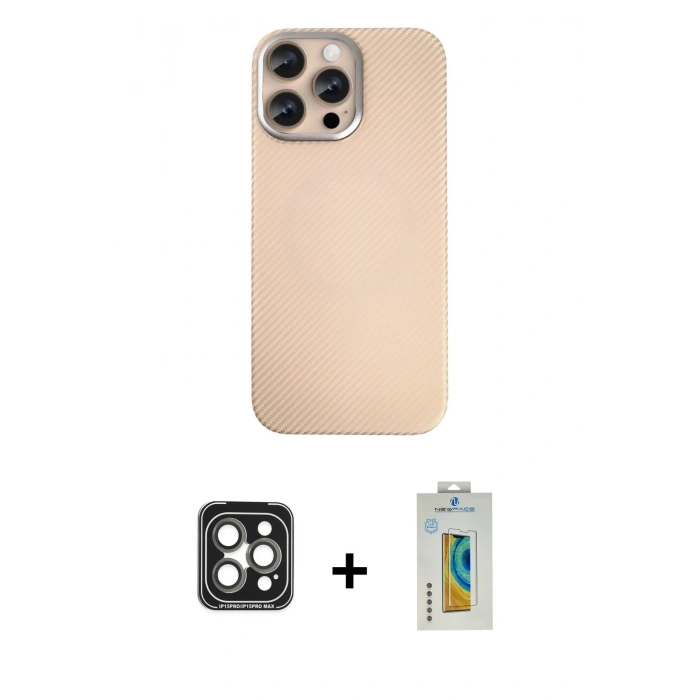 MARSİLYAN™- iPhone 15 Pro Max Kılıf Eksen Prime - Siyah Polymer Nano Ekran Koruyucu + PVD Metal Kamera Lens - GI