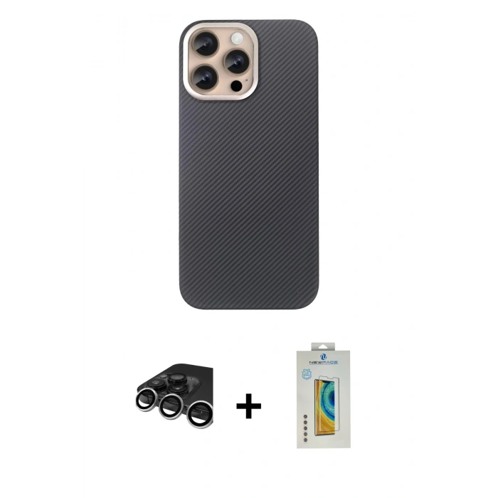 MARSİLYAN™- iPhone 15 Pro Max Kılıf Eksen Prime - Siyah Polymer Nano Ekran Koruyucu + Raze Metal Kamera Lens - GS