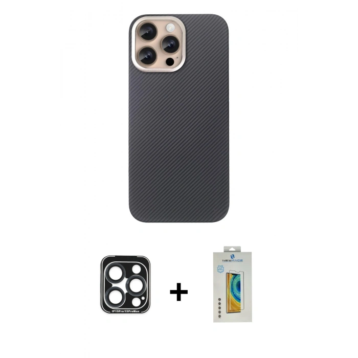 MARSİLYAN™- iPhone 15 Pro Max Kılıf Eksen Prime - Siyah Polymer Nano Ekran Koruyucu + PVD Metal Kamera Lens - LT